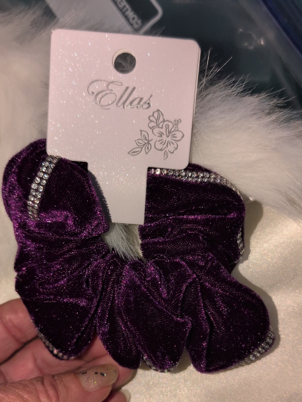 Ellas Velvet Rhinestone Hair Scrunchie - Dark Purple